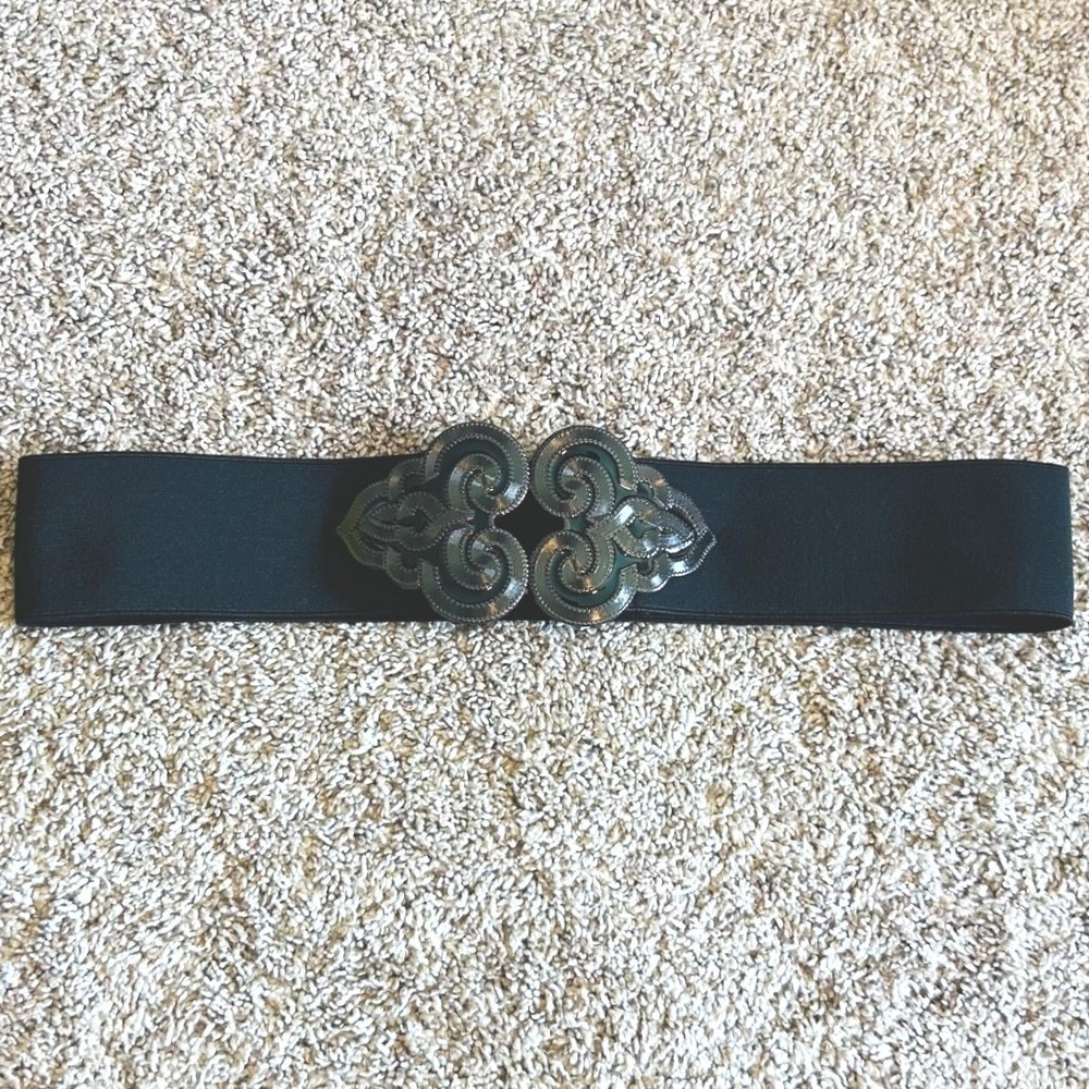 Whimsgoth Vampy Black Elastic Cinch Belt Gunmetal Filigree Scroll Buckle SZ ML